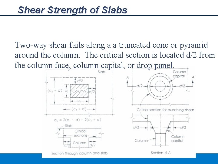 Shear Strength of Slabs Two-way shear fails along a a truncated cone or pyramid