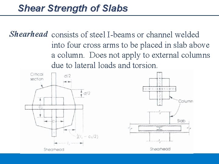 Shear Strength of Slabs Shearhead consists of steel I-beams or channel welded into four