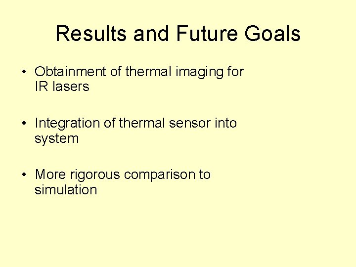 Results and Future Goals • Obtainment of thermal imaging for IR lasers • Integration