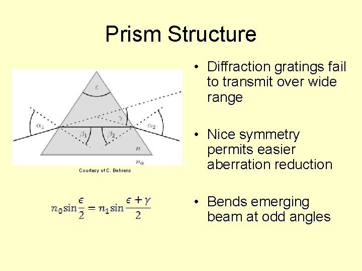 Prism Structure • Diffraction gratings fail to transmit over wide range Courtesy of C.