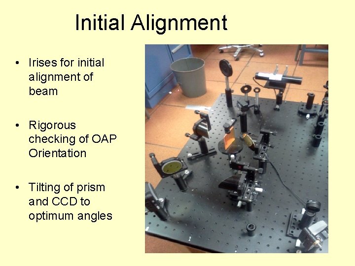 Initial Alignment • Irises for initial alignment of beam • Rigorous checking of OAP