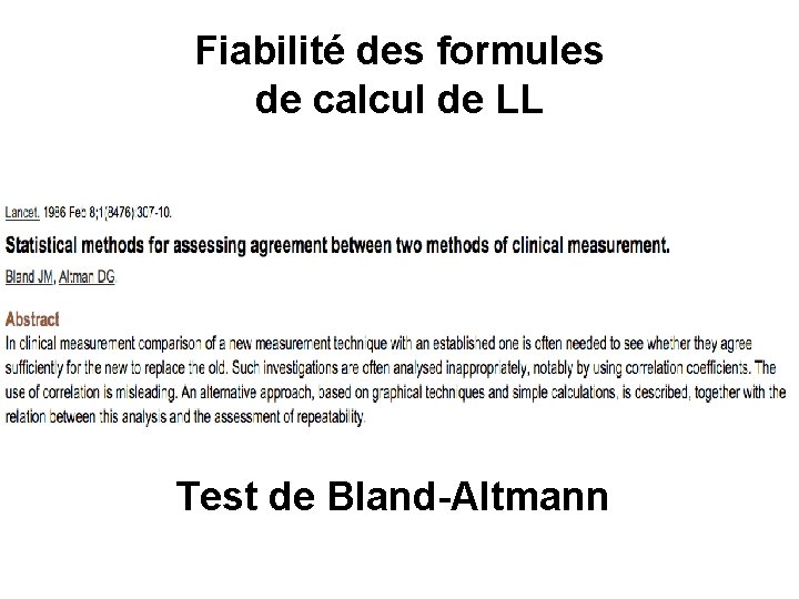 Fiabilité des formules de calcul de LL Test de Bland-Altmann 