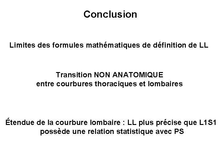 Conclusion Limites des formules mathématiques de définition de LL Transition NON ANATOMIQUE entre courbures