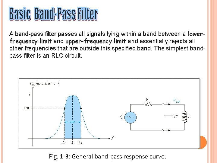 A band-pass filter passes all signals lying within a band between a lowerfrequency limit