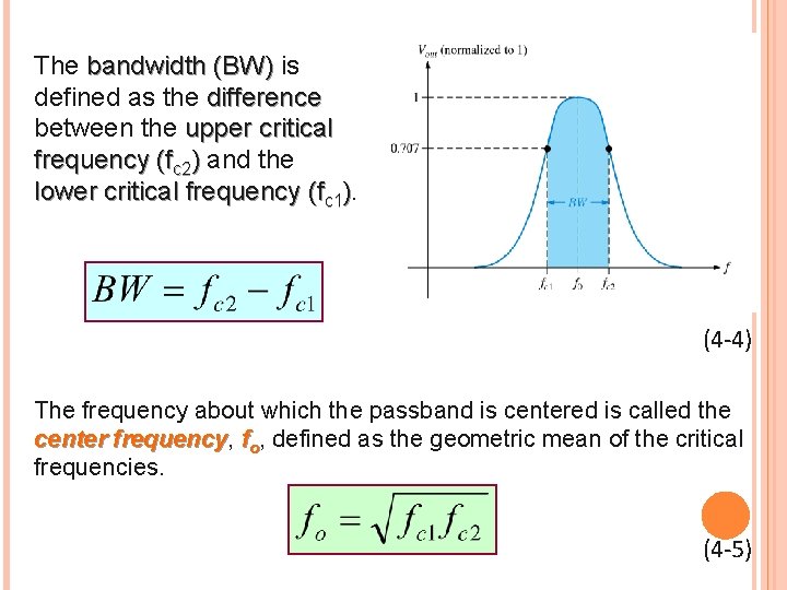 The bandwidth (BW) is defined as the difference between the upper critical frequency (fc