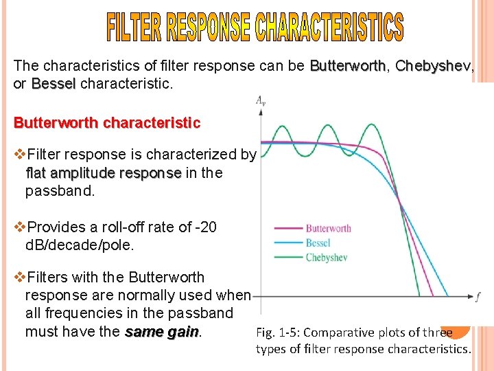 The characteristics of filter response can be Butterworth, Butterworth Chebyshev, Chebyshev or Bessel characteristic.