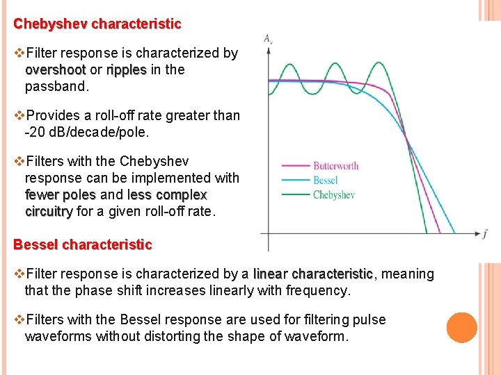 Chebyshev characteristic v. Filter response is characterized by overshoot or ripples in the passband.