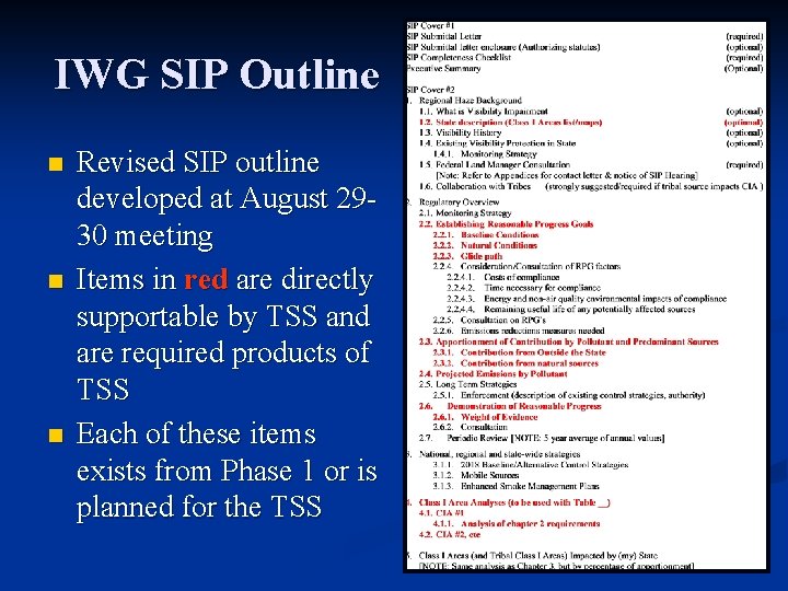 IWG SIP Outline n n n Revised SIP outline developed at August 2930 meeting