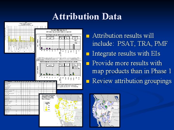 Attribution Data n n Attribution results will include: PSAT, TRA, PMF Integrate results with
