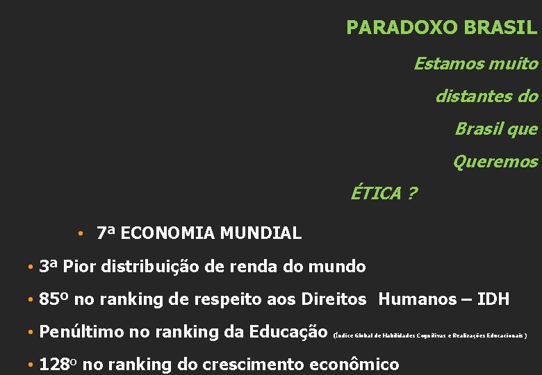 PARADOXO BRASIL Estamos muito distantes do Brasil que Queremos ÉTICA ? • 7ª ECONOMIA