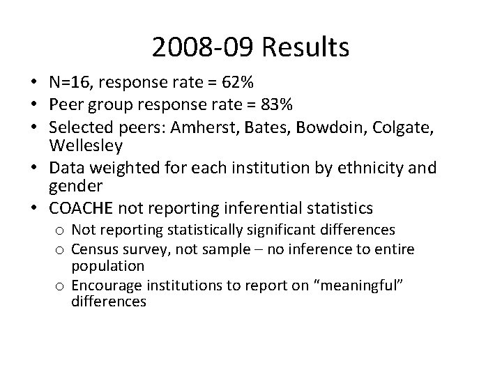 2008 -09 Results • N=16, response rate = 62% • Peer group response rate