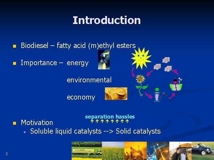 Introduction n Biodiesel – fatty acid (m)ethyl esters n Importance – energy environmental economy