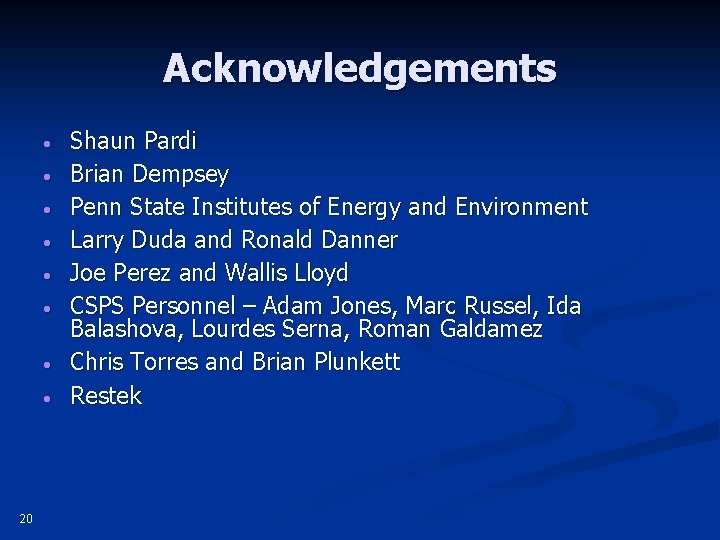 Acknowledgements • • 20 Shaun Pardi Brian Dempsey Penn State Institutes of Energy and