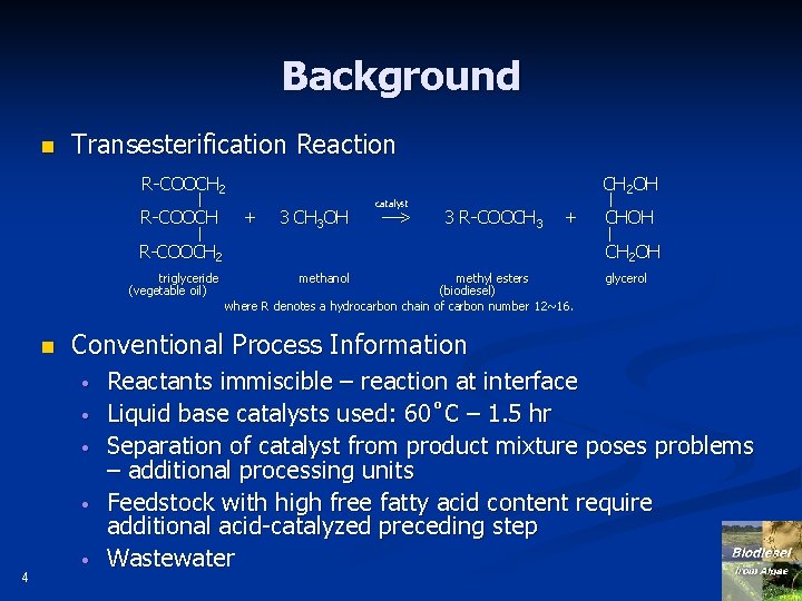 Background n Transesterification Reaction R-COOCH 2 l R-COOCH 2 triglyceride (vegetable oil) n 3