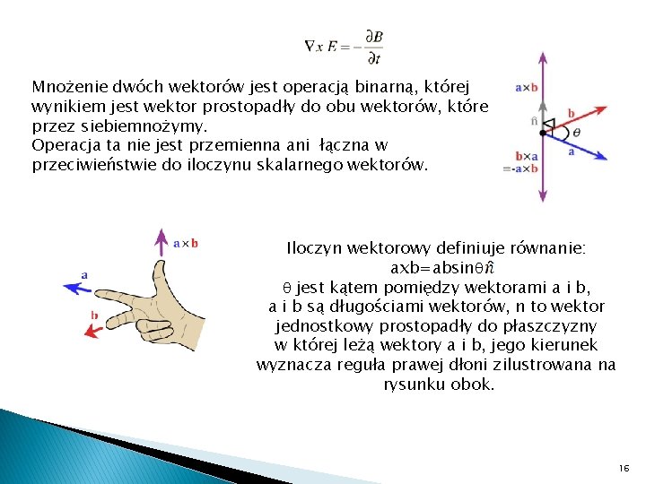 Mnożenie dwóch wektorów jest operacją binarną, której wynikiem jest wektor prostopadły do obu wektorów,
