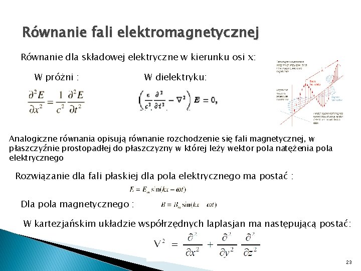 Równanie fali elektromagnetycznej Równanie dla składowej elektryczne w kierunku osi x: W próżni :