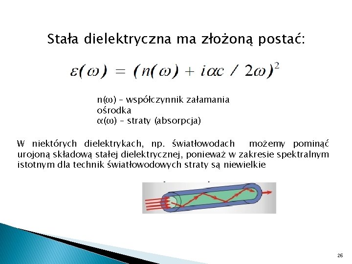 Stała dielektryczna ma złożoną postać: n(ω) – współczynnik załamania ośrodka α(ω) – straty (absorpcja)