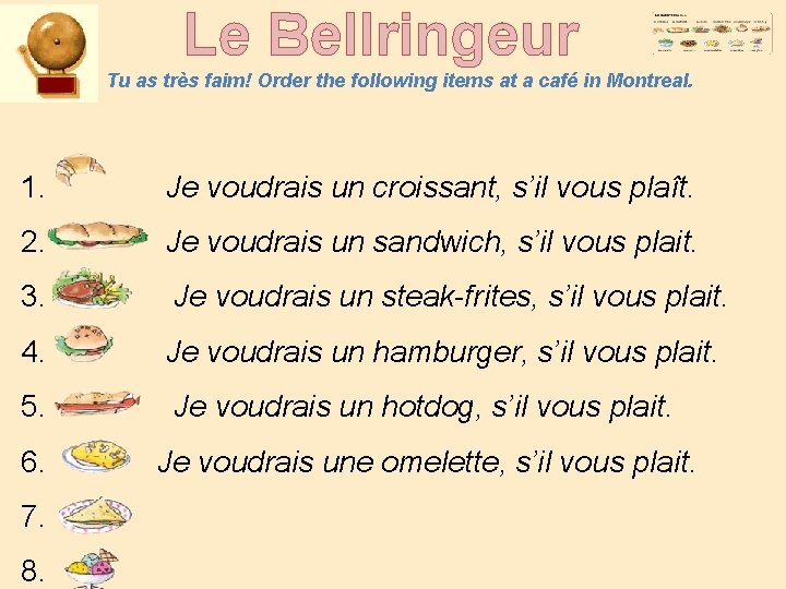 Le Bellringeur Tu as très faim! Order the following items at a café in