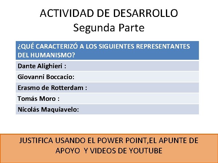 ACTIVIDAD DE DESARROLLO Segunda Parte ¿QUÉ CARACTERIZÓ A LOS SIGUIENTES REPRESENTANTES DEL HUMANISMO? Dante