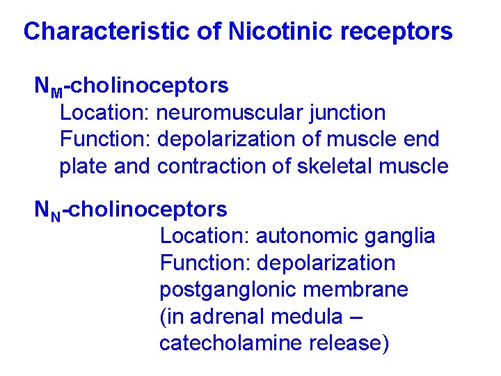 Characteristic of Nicotinic receptors NM-cholinoceptors Location: neuromuscular junction Function: depolarization of muscle end plate