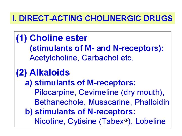 I. DIRECT-ACTING CHOLINERGIC DRUGS (1) Choline ester (stimulants of M- and N-receptors): Acetylcholine, Carbachol