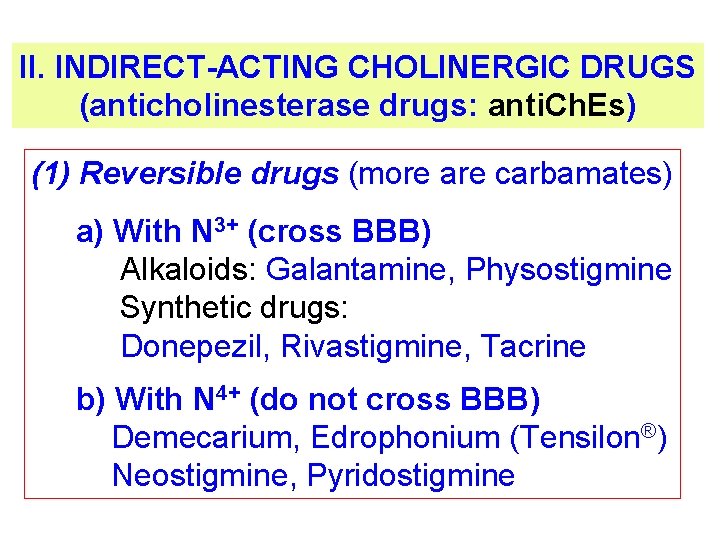 II. INDIRECT-ACTING CHOLINERGIC DRUGS (anticholinesterase drugs: anti. Ch. Es) (1) Reversible drugs (more are