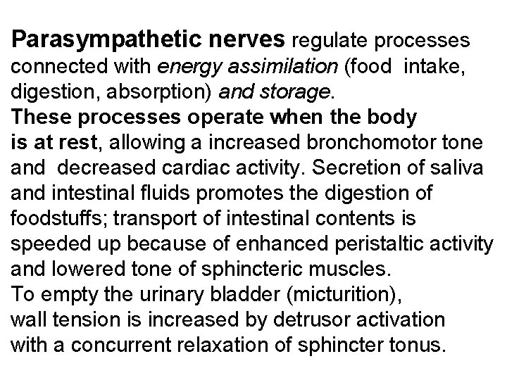 Parasympathetic nerves regulate processes connected with energy assimilation (food intake, digestion, absorption) and storage.