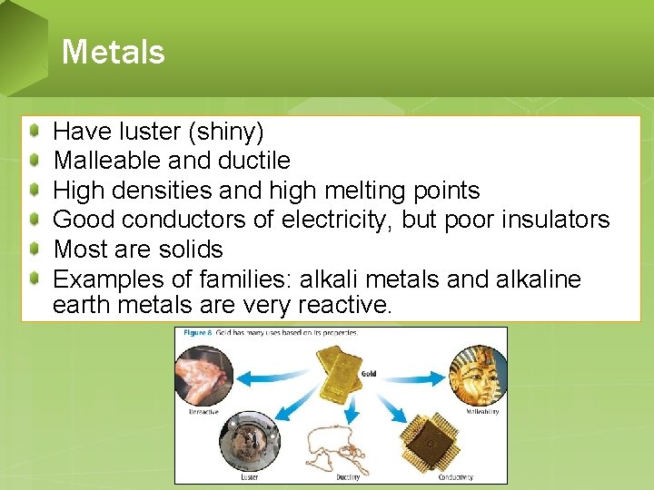 Metals Have luster (shiny) Malleable and ductile High densities and high melting points Good