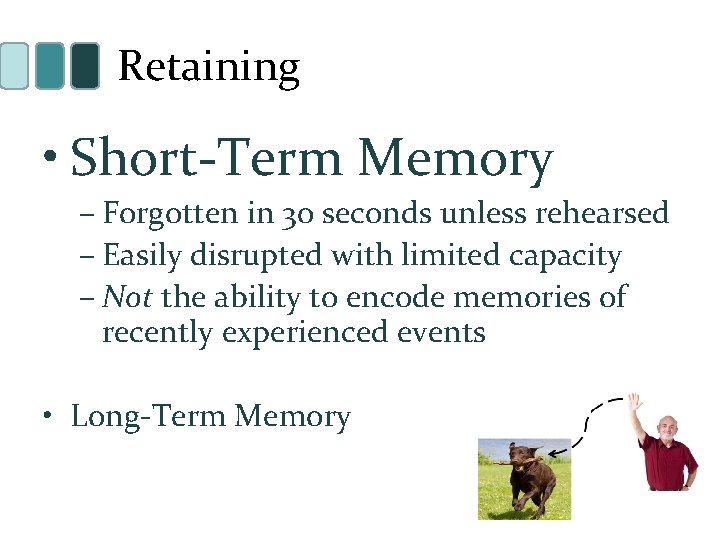 Retaining • Short-Term Memory – Forgotten in 30 seconds unless rehearsed – Easily disrupted