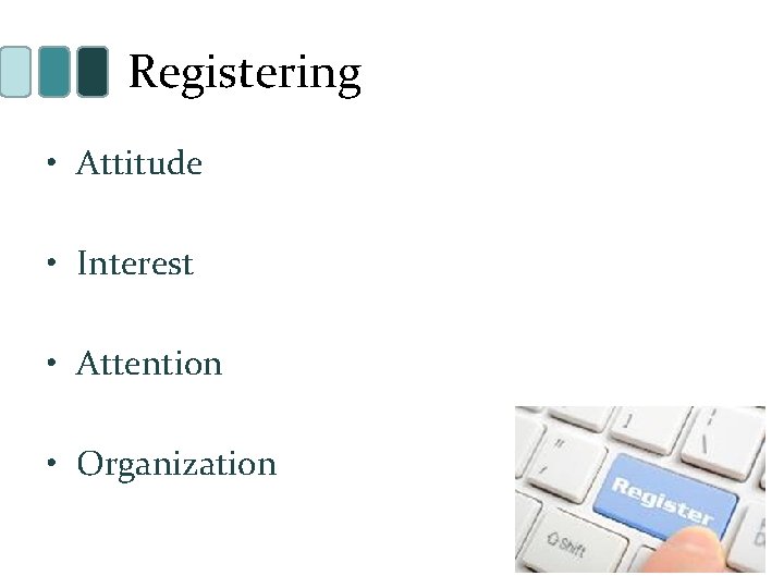 Registering • Attitude • Interest • Attention • Organization 
