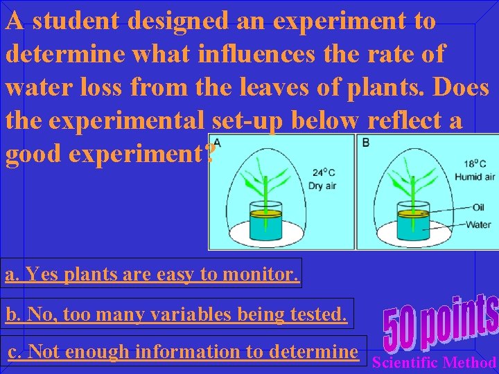 A student designed an experiment to determine what influences the rate of water loss