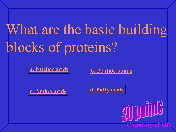 What are the basic building blocks of proteins? a. Nucleic acids b. Peptide bonds