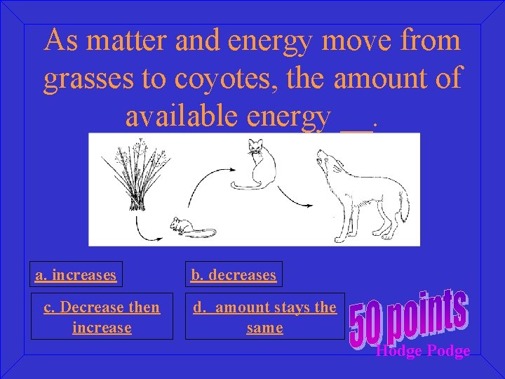 As matter and energy move from grasses to coyotes, the amount of available energy