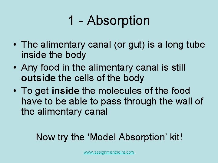 1 - Absorption • The alimentary canal (or gut) is a long tube inside