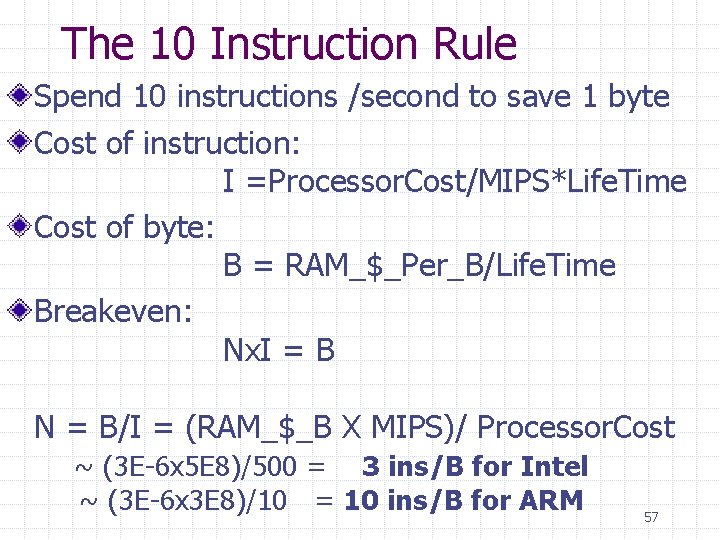 The 10 Instruction Rule Spend 10 instructions /second to save 1 byte Cost of