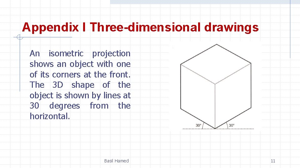 Appendix I Three-dimensional drawings An isometric projection shows an object with one of its