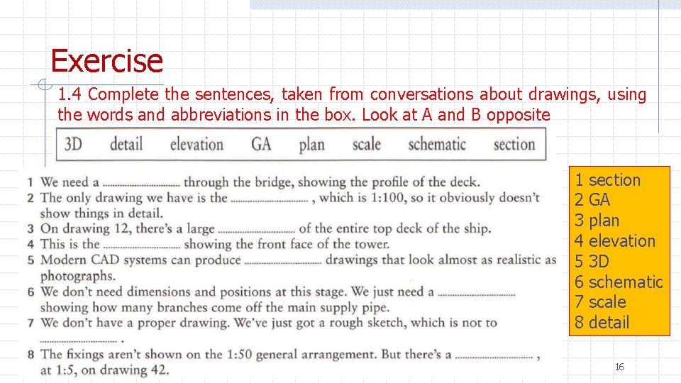 Exercise 1. 4 Complete the sentences, taken from conversations about drawings, using the words