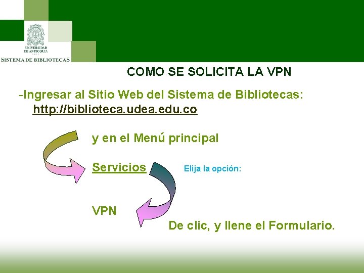 COMO SE SOLICITA LA VPN -Ingresar al Sitio Web del Sistema de Bibliotecas: http: