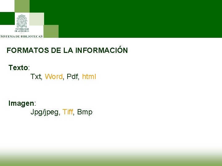 FORMATOS DE LA INFORMACIÓN Texto: Txt, Word, Pdf, html Imagen: Jpg/jpeg, Tiff, Bmp 