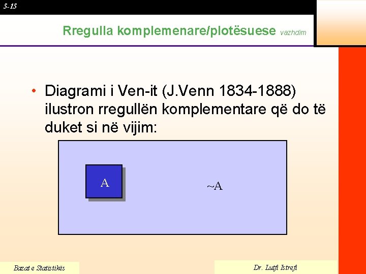 5 -15 Rregulla komplemenare/plotësuese vazhdim • Diagrami i Ven-it (J. Venn 1834 -1888) ilustron