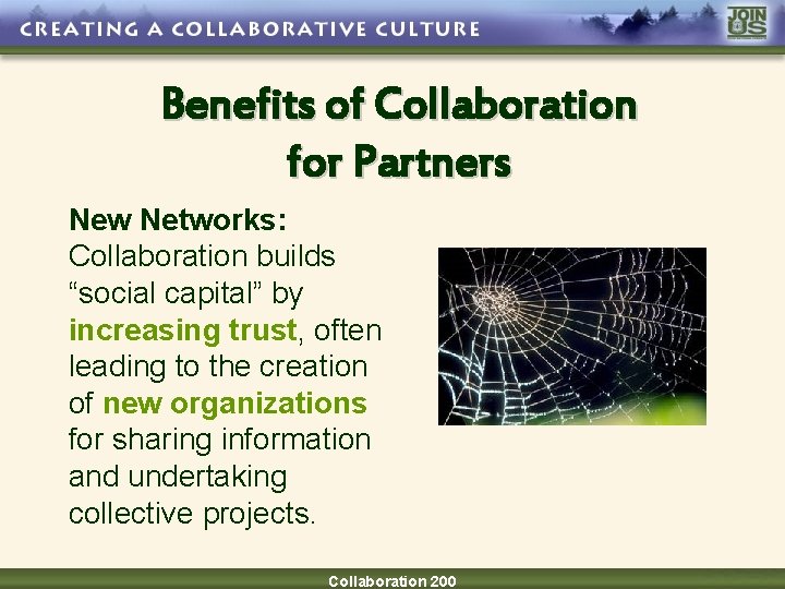 Benefits of Collaboration for Partners New Networks: Collaboration builds “social capital” by increasing trust,