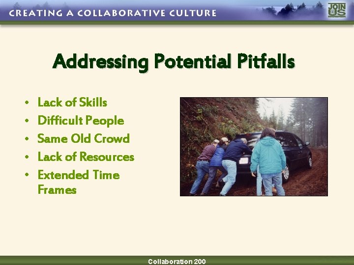 Addressing Potential Pitfalls • • • Lack of Skills Difficult People Same Old Crowd