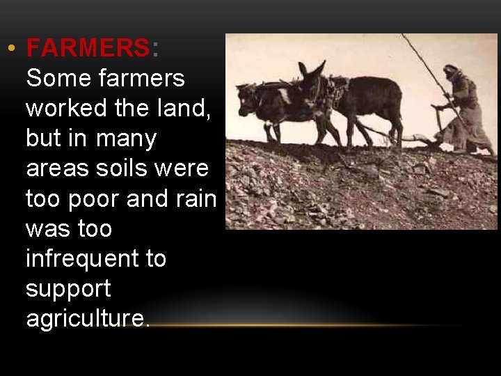  • FARMERS: Some farmers worked the land, but in many areas soils were