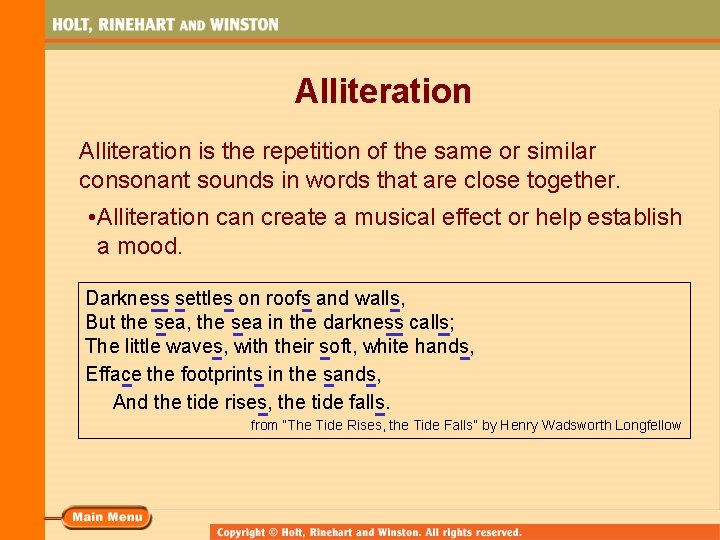 Alliteration is the repetition of the same or similar consonant sounds in words that