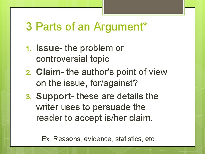 3 Parts of an Argument* 1. 2. 3. Issue- the problem or controversial topic