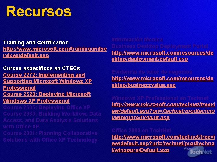 Recursos Training and Certification http: //www. microsoft. com/trainingandse rvices/default. asp Cursos específicos en CTECs