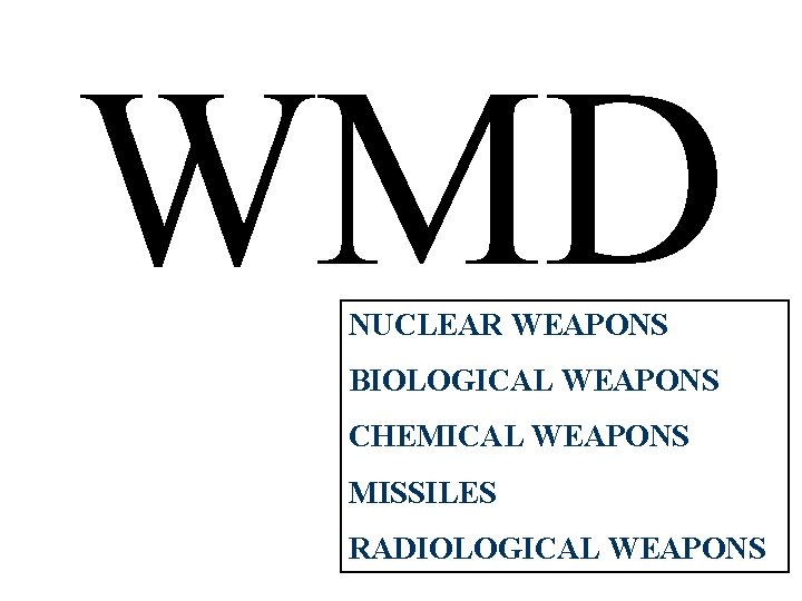 WMD NUCLEAR WEAPONS BIOLOGICAL WEAPONS CHEMICAL WEAPONS MISSILES RADIOLOGICAL WEAPONS 