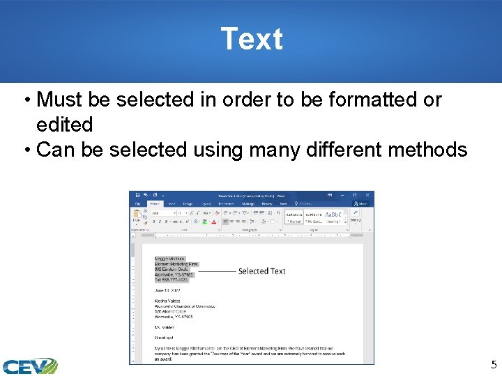 Text • Must be selected in order to be formatted or edited • Can