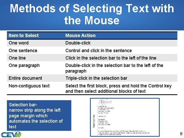 Methods of Selecting Text with the Mouse Item to Select Mouse Action One word
