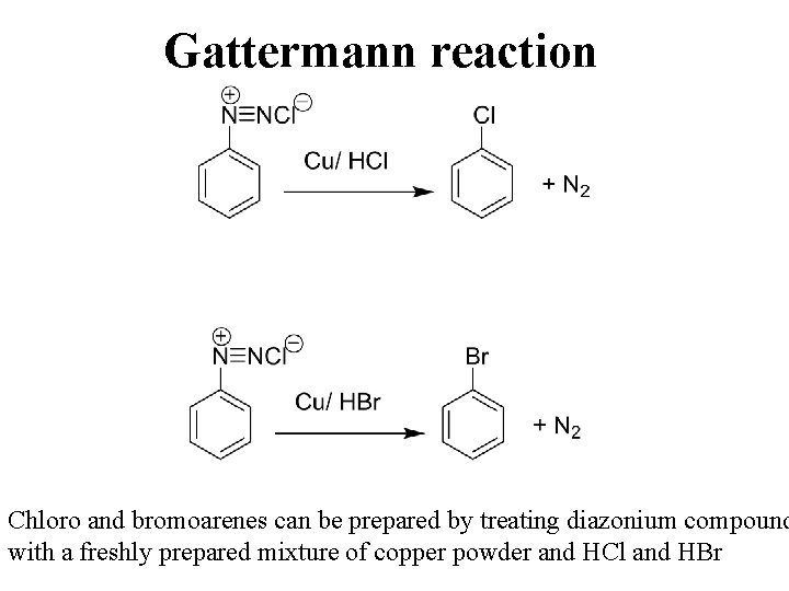 Gattermann reaction Chloro and bromoarenes can be prepared by treating diazonium compound with a